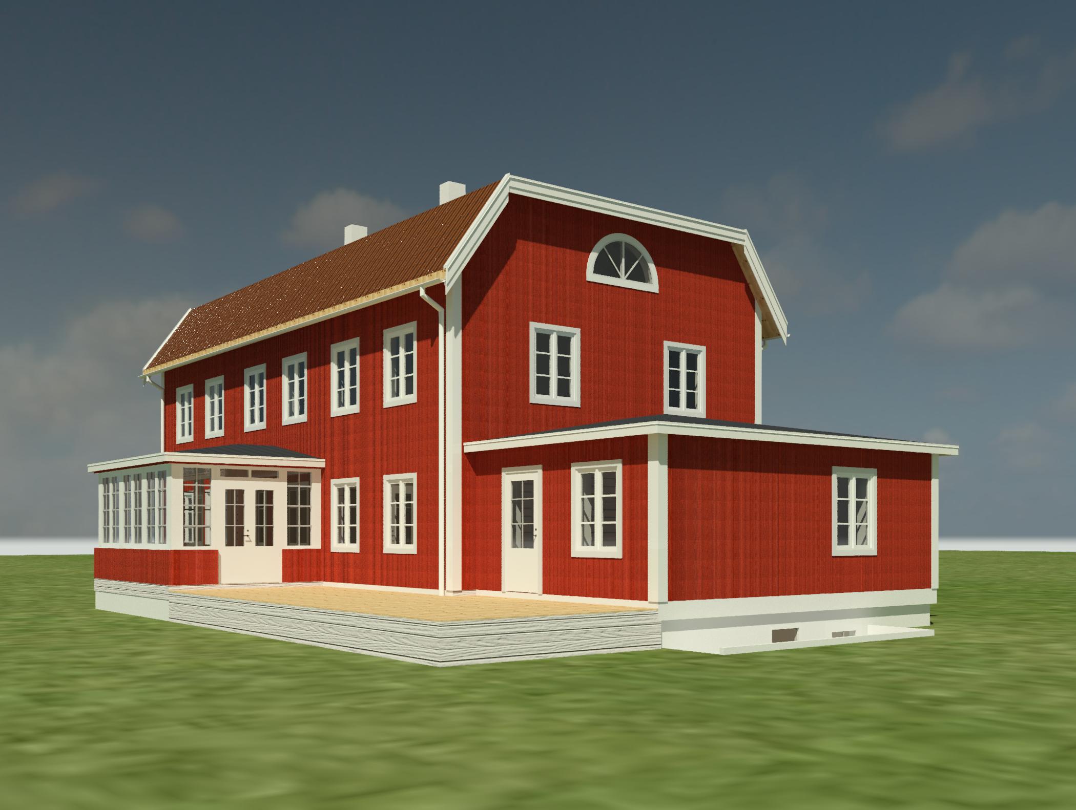3D generated picture of a red wooden house